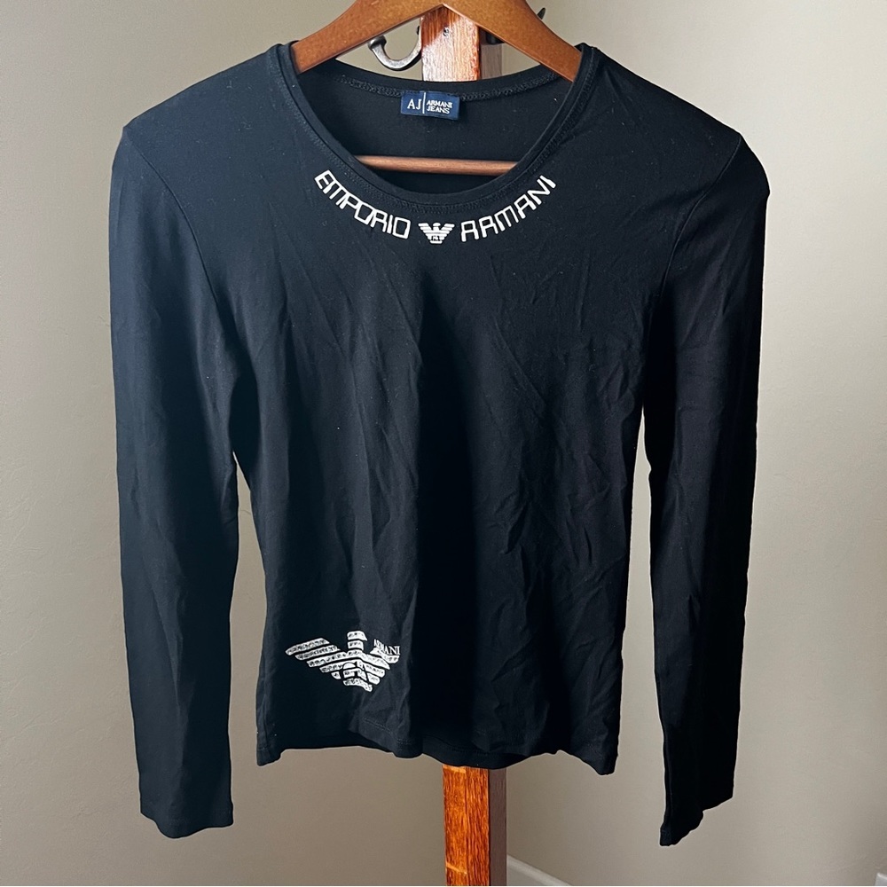 Emporio Armani Long Sleeve Tee T-shirt Black Rhinestone XS *READ